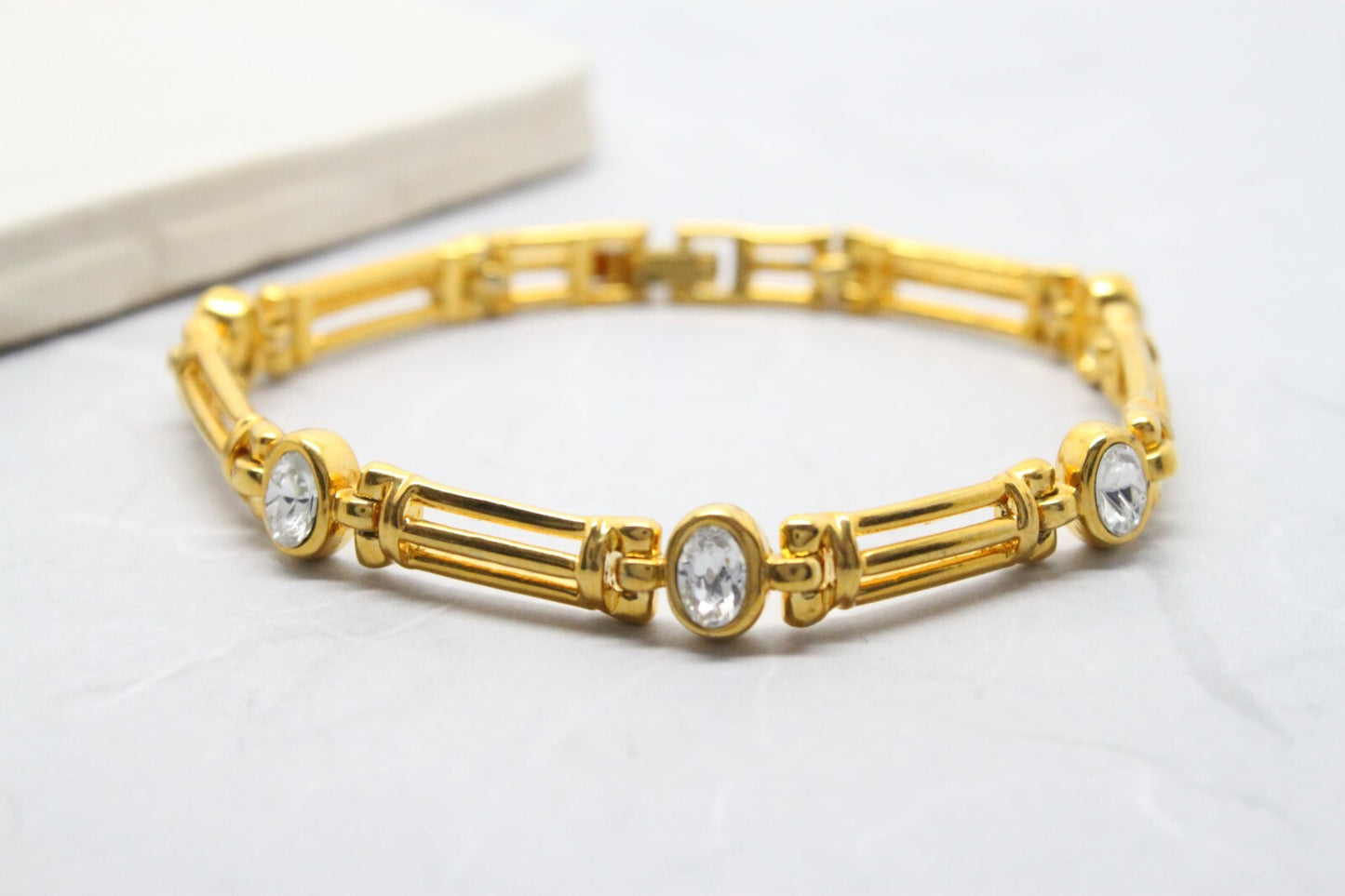 Vintage 1980s Crystal Yellow Gold Plated Gate Link Watch Band Bracelet
