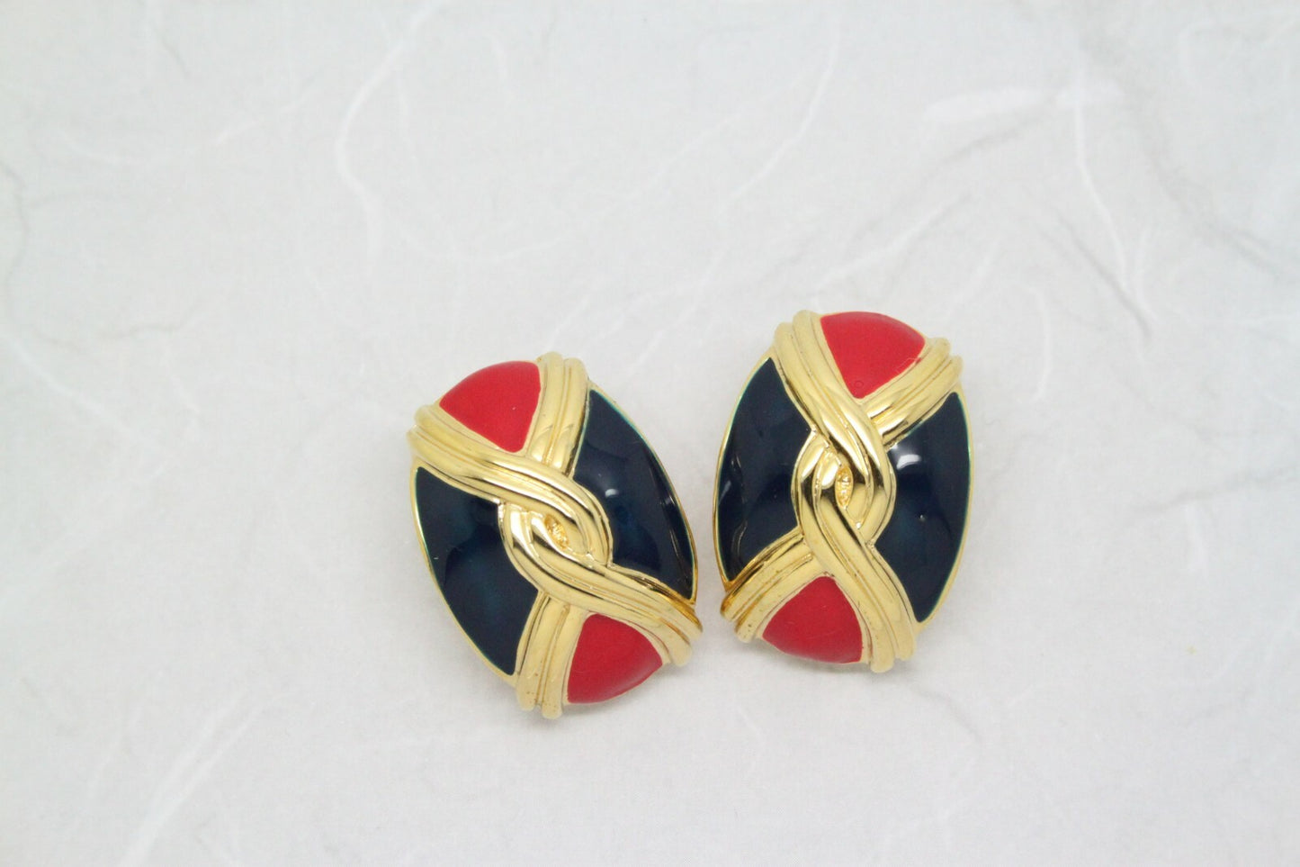 Vintage 1980s Red & Blue Enamel Gold Plated Statement Clip-On Earrings