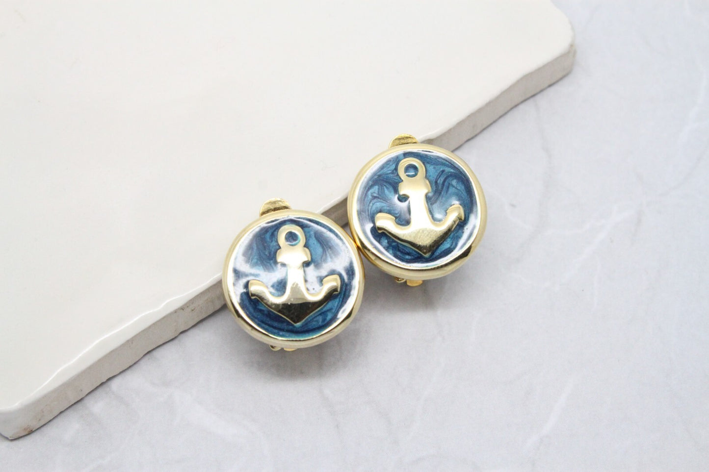 Vintage 1980s Blue Enamel Gold Plated Cruise Anchor Clip On Earrings