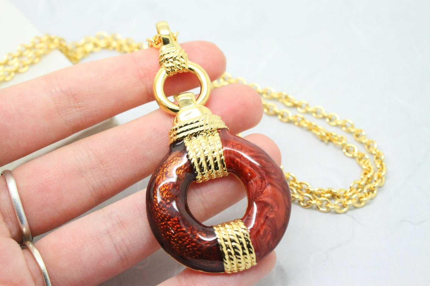 Vintage Gold Plated Brown Enamel Fob Amulet Long Necklace
