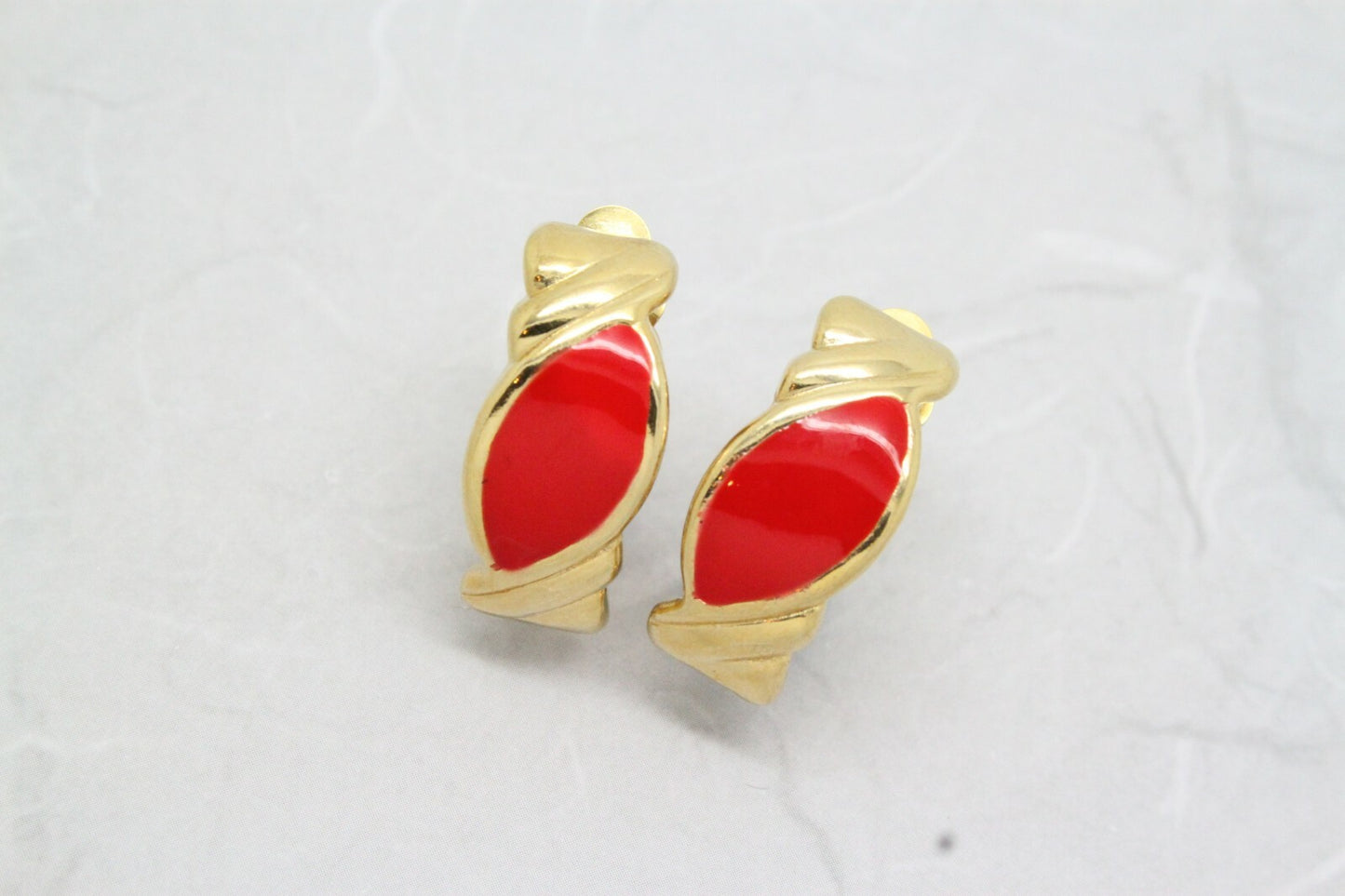 1980s Vintage Half Hoop Red Enamel Gold Plated Drop Clip On Earrings