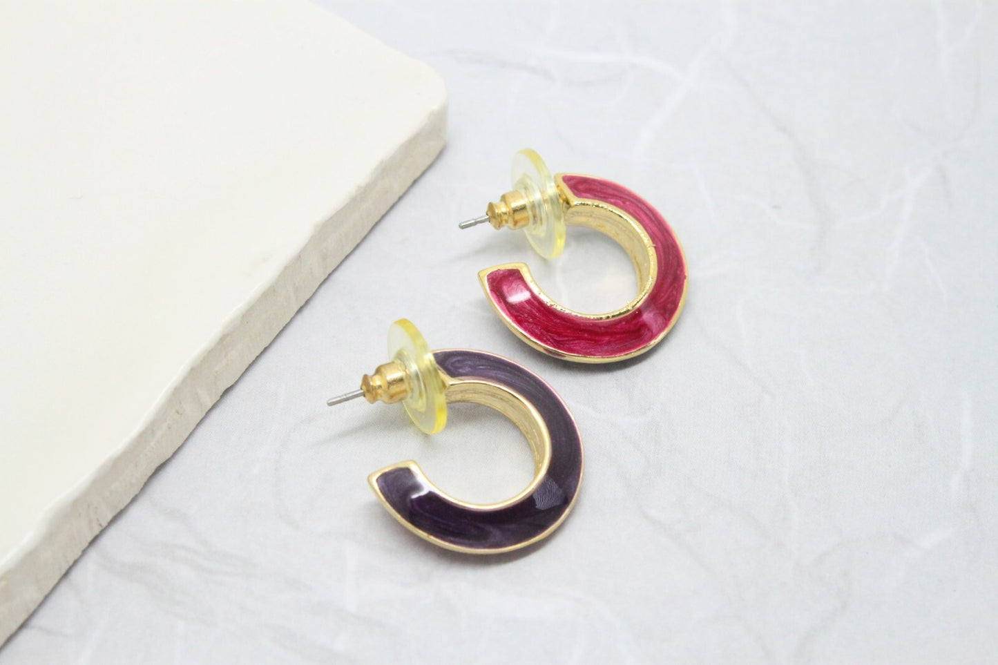 Stylish Vintage Reversible Purple Enamel Gold Hoop Earrings