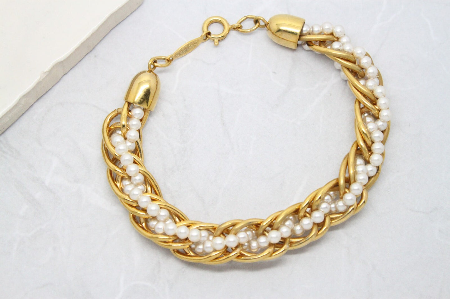 1980s Vintage Signed Napier Pearl Yellow Gold Plated Rope Bracelet