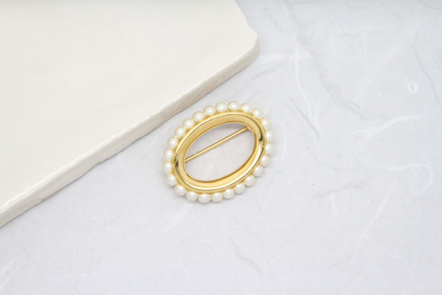 Vintage 1980s Signed Napier Seed Pearl Oval Gold Plated Brooch
