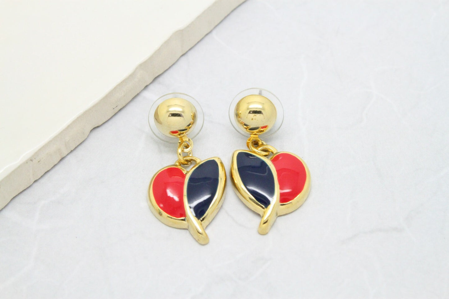 Vintage 1980s Gold Plated Red and Blue Enamel Dangly Stud Earrings