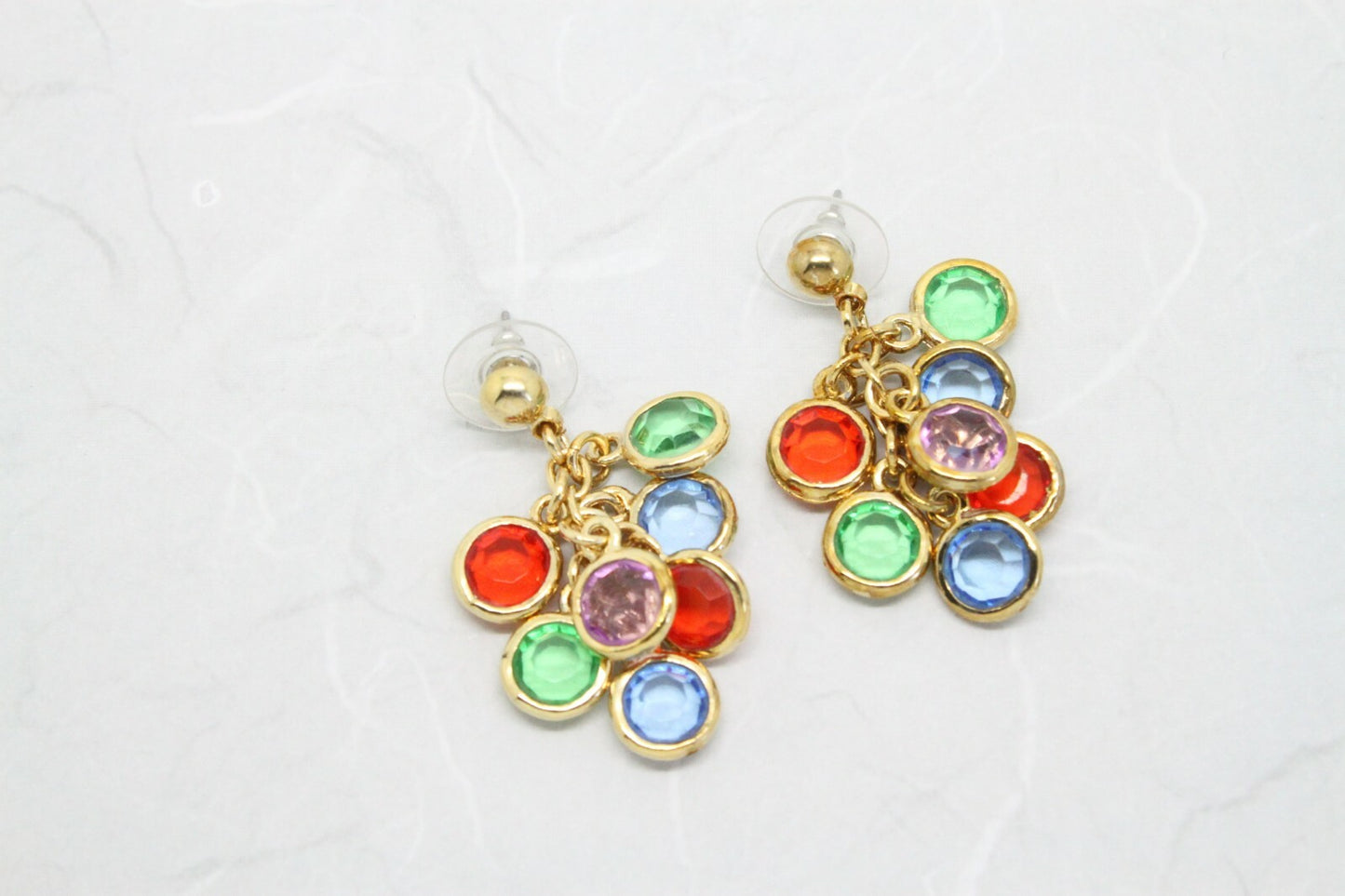 Vintage Pastel Bezel Set Waterfall Tassel Drop Gold Plated Earrings