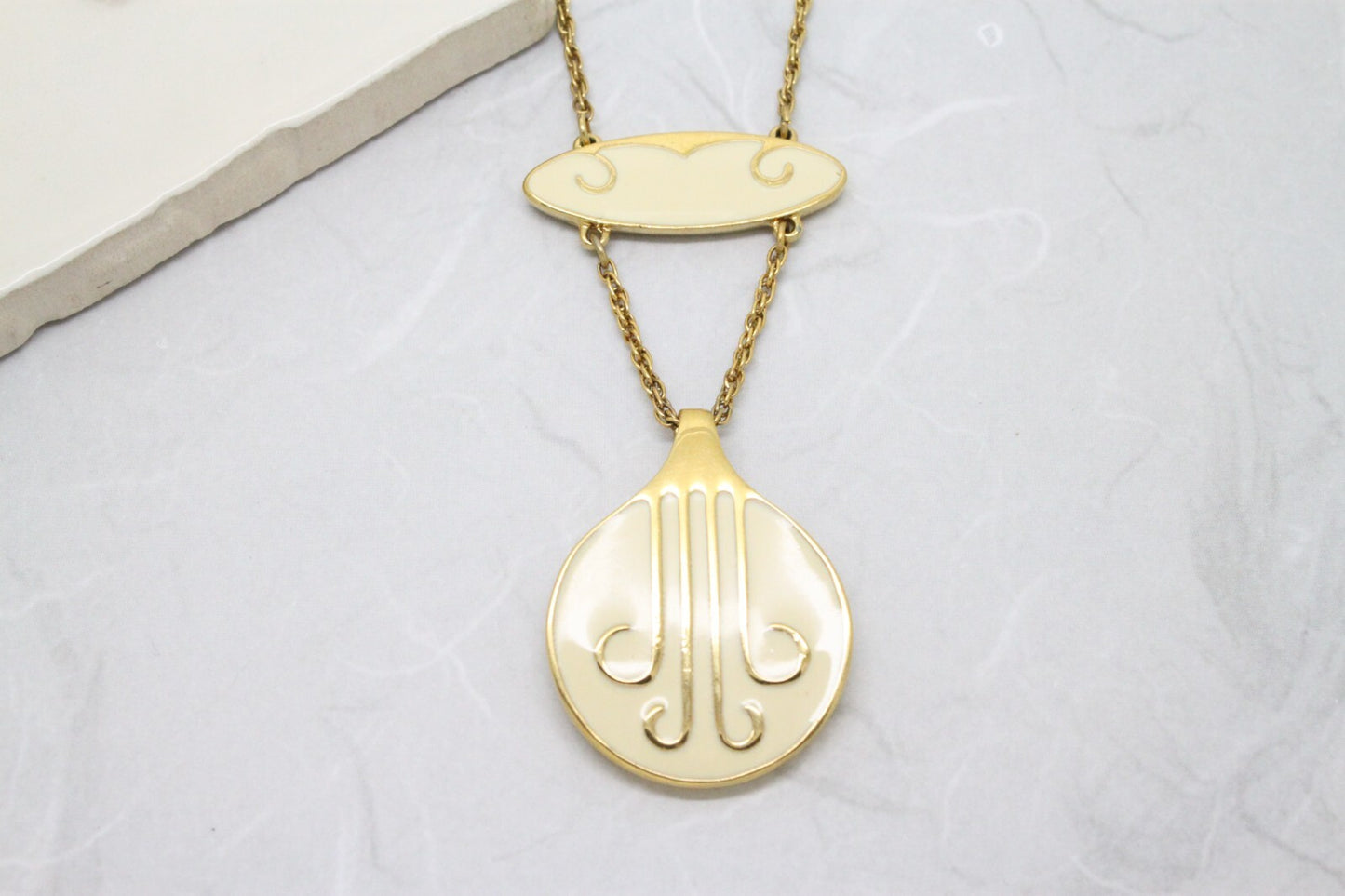 Vintage 1980s Signed Monet Gold Plated Art Deco Enamel Long Necklace