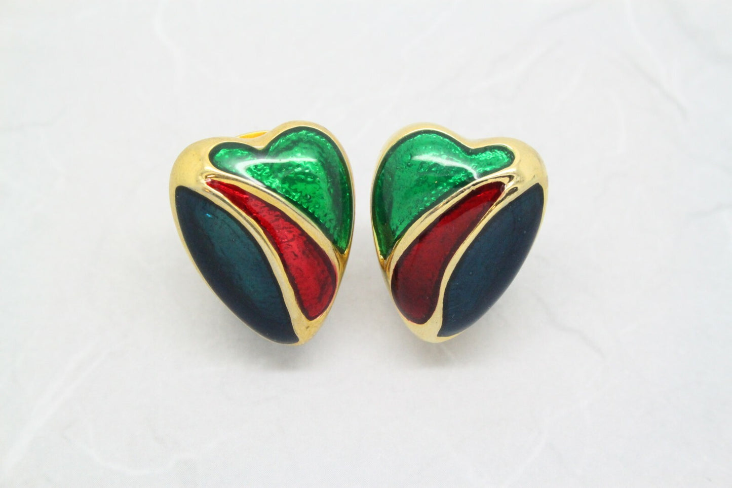Vintage 1980s Stylish Gold Plated Green & Blue Enamel Clip On Earrings