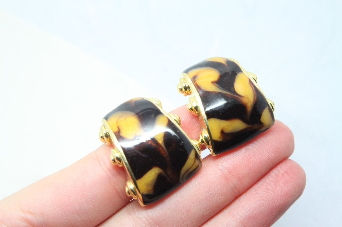 Statement Vintage 1980s Half Hoop Gold Plated Amber Enamel Clip On Earrings