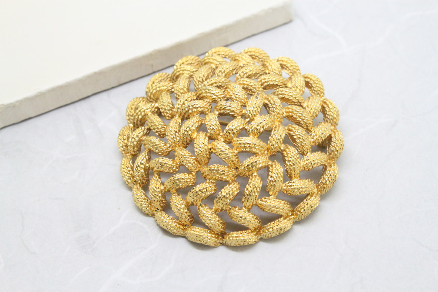 Stunning Vintage Signed Monet Basketweave Gold Brooch