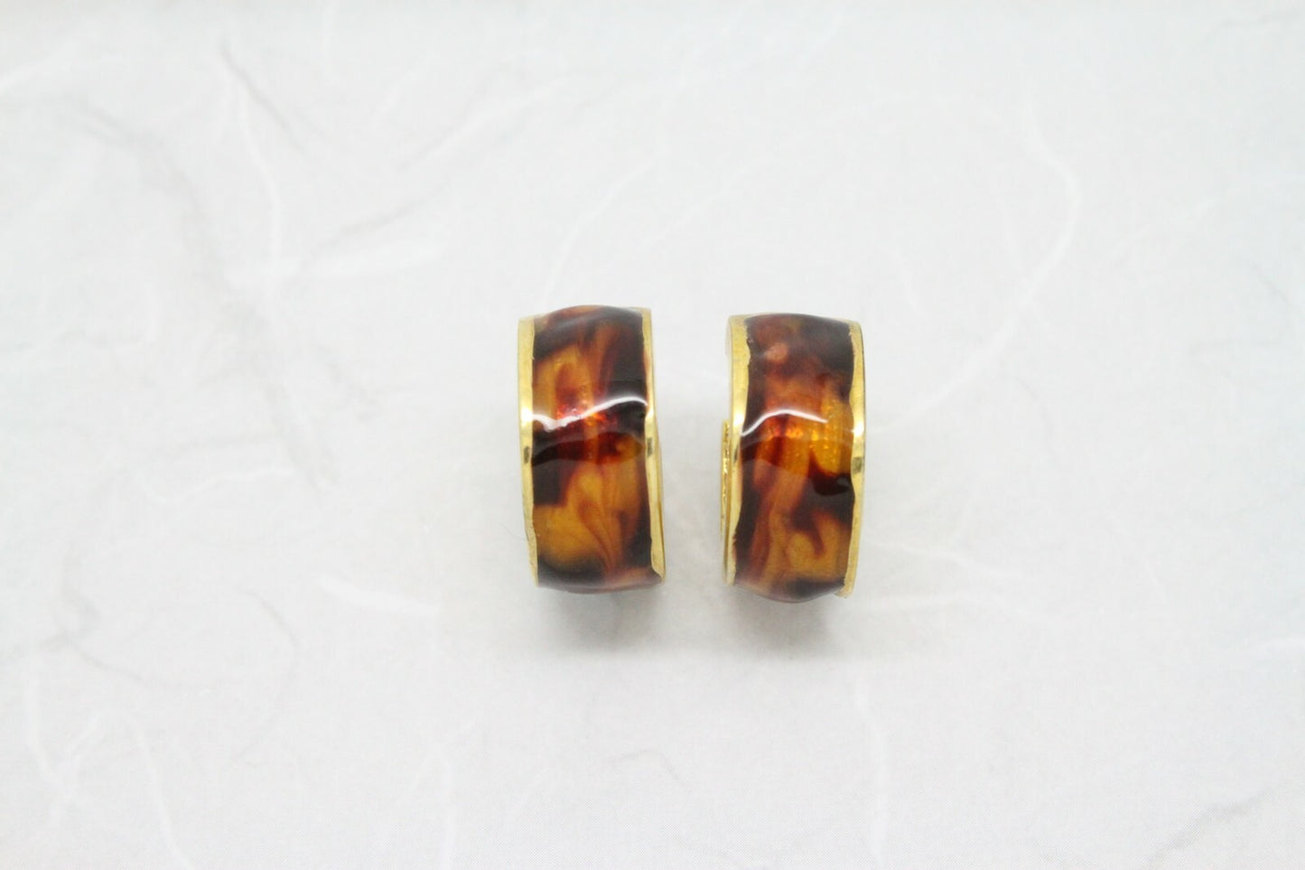Vintage Gold Plated Brown Caramel Enamel Hoop Drop Earrings