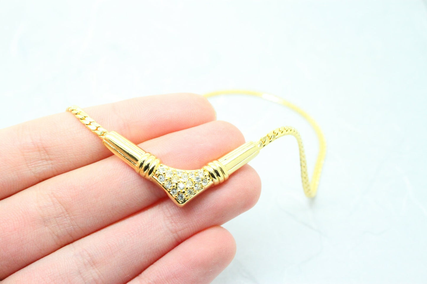 Vintage 1980s Gold Plated Rhinestone Flat Link Collar Necklace