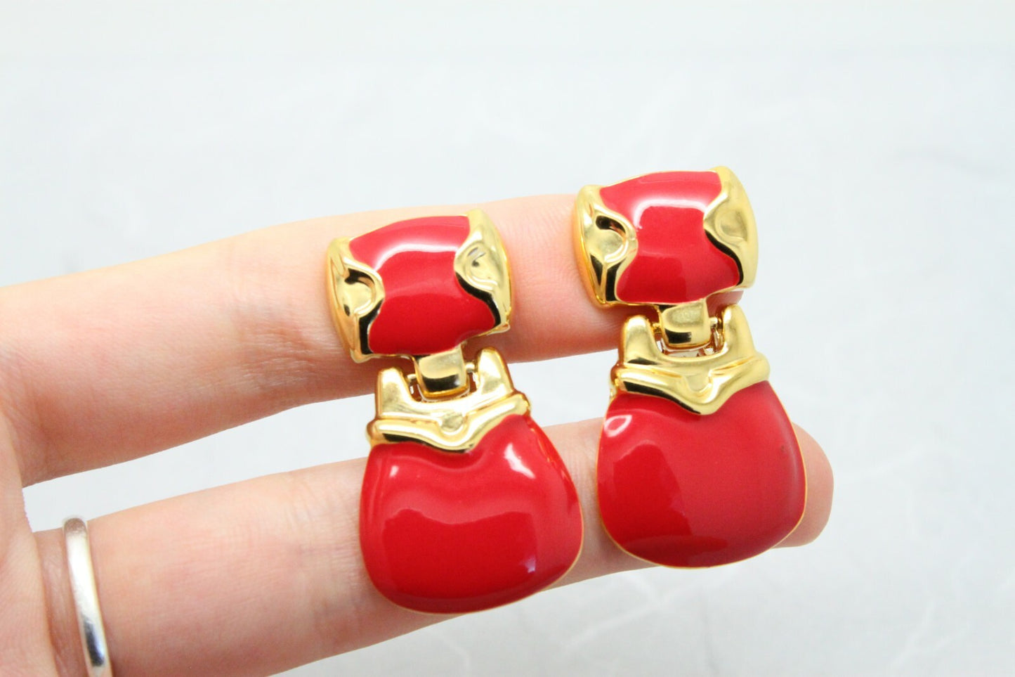 Stunning 1980s Vintage Red Enamel Door Knocker Drop Clip On Earrings