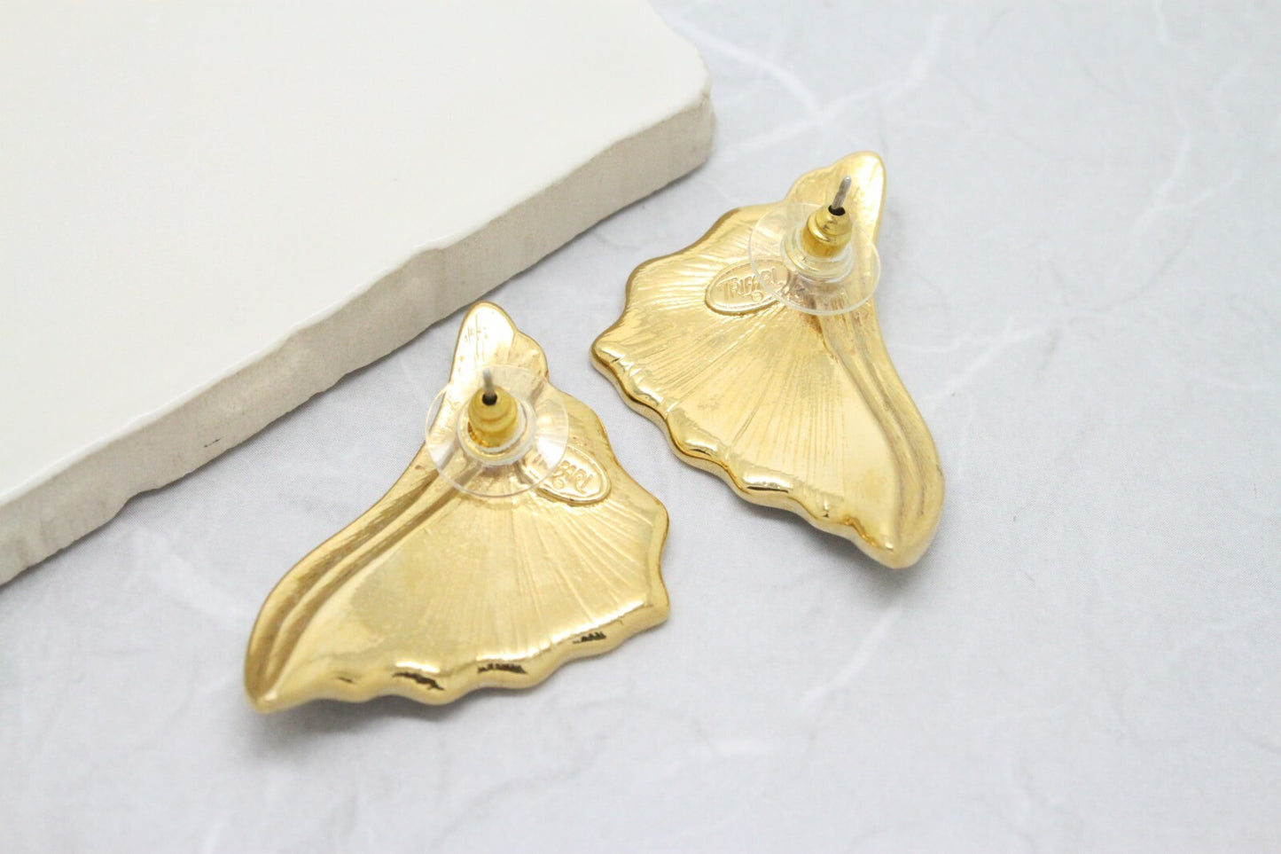 Vintage Signed Trifari Black Enamel Fan Gold Plated Stud Earrings