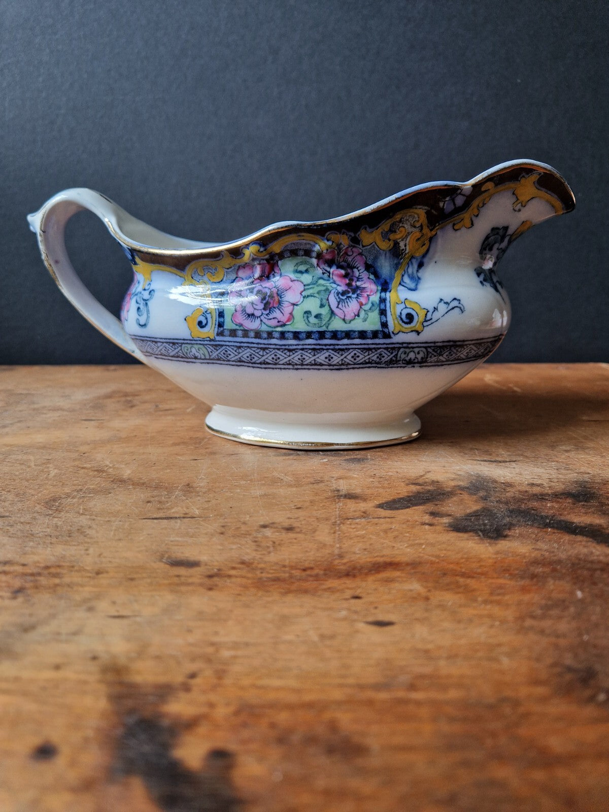 Antique Davenport Floral Blue & White Gravy Boat Farmhouse Country Hollingshead