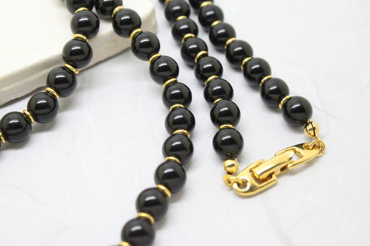 Vintage 1980s Signed Napier Black Bead Gold Detailed Necklace