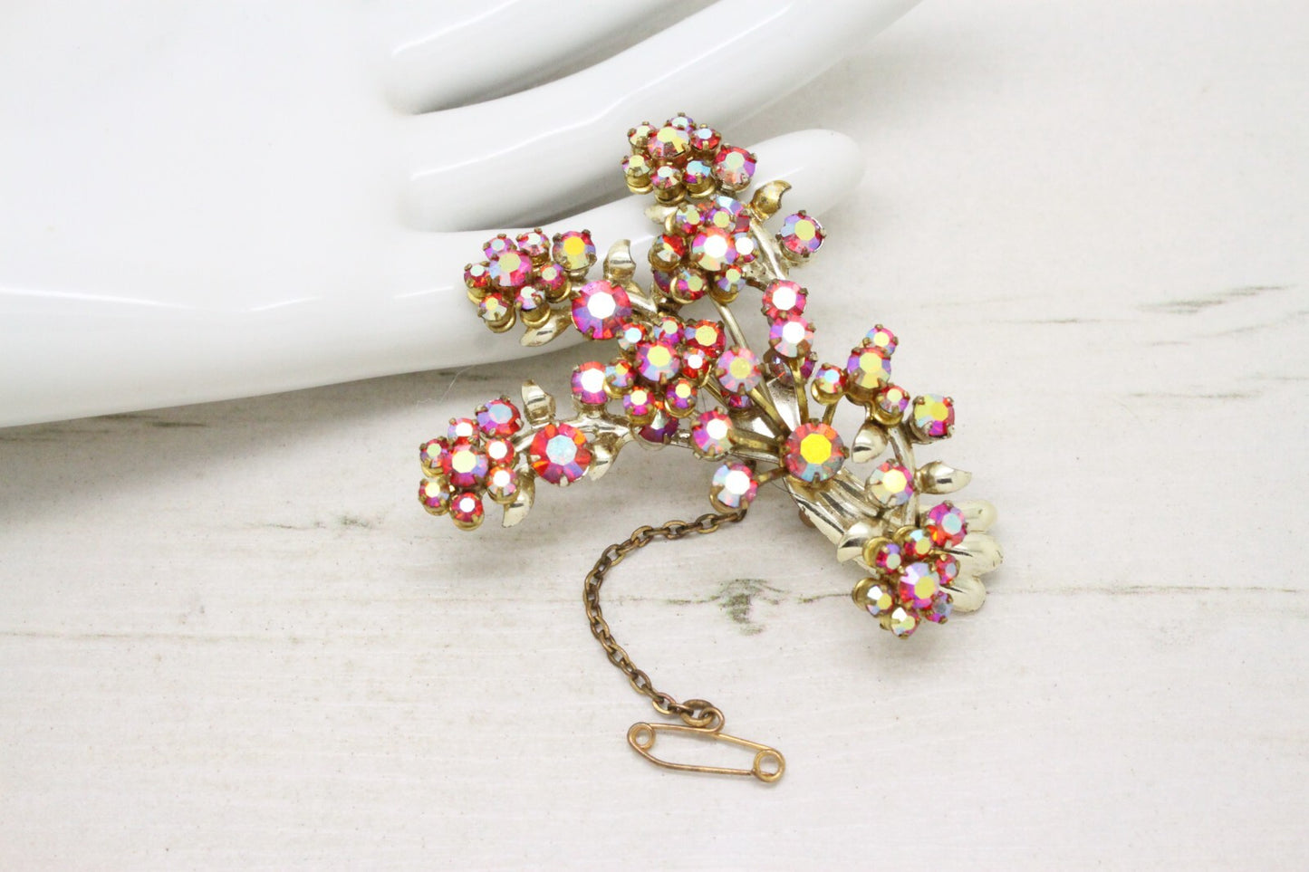 Vintage 1960s Red Rhinestone Crystal Flower Spray Brooch