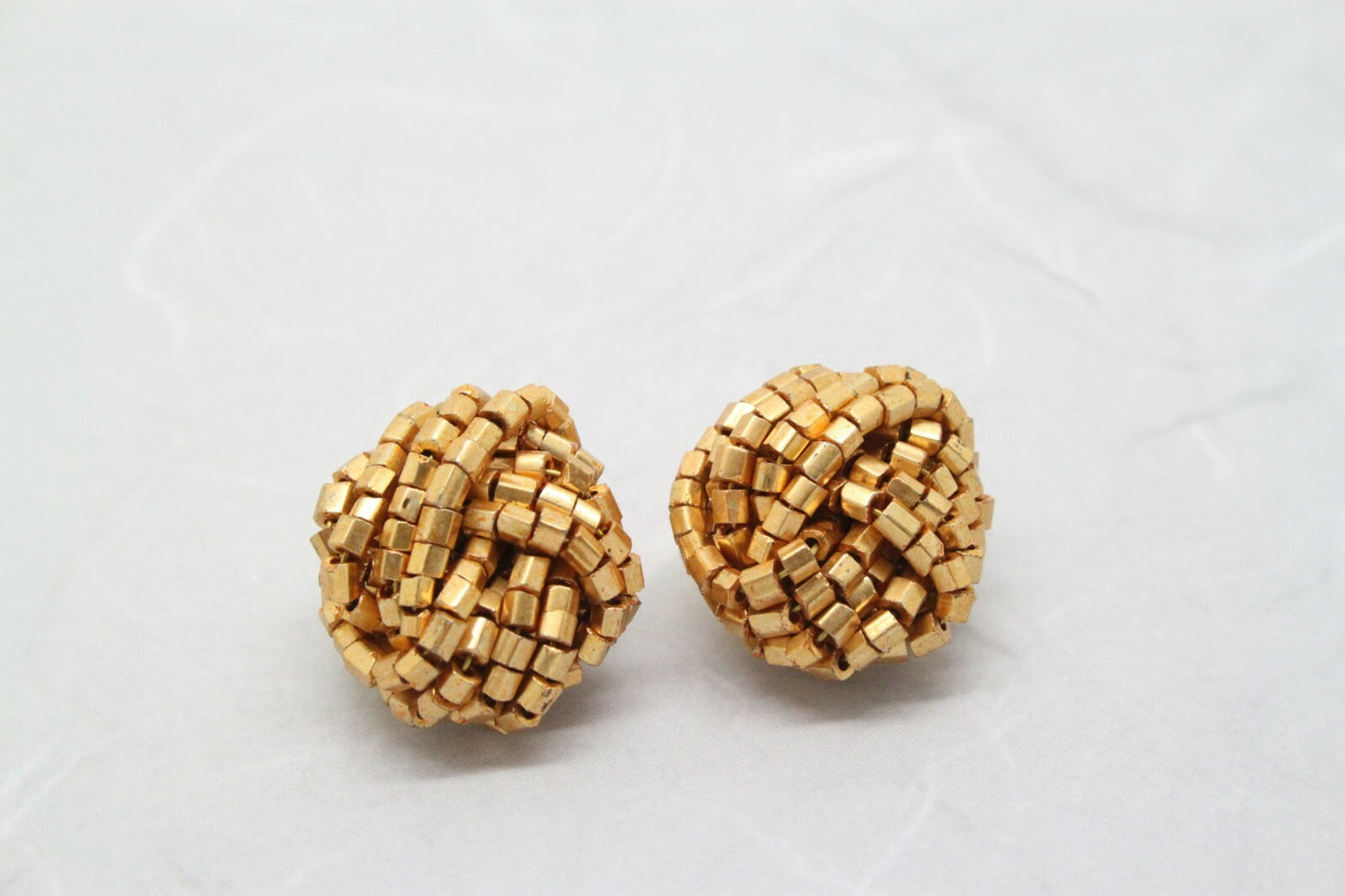 Vintage Gold Glass Bead Round Cluster Knot Clip On Earrings