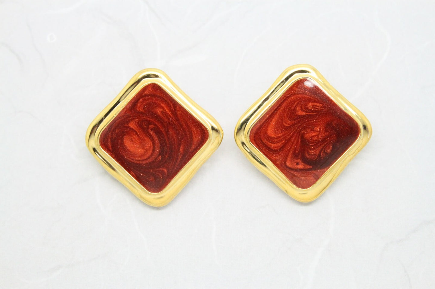 Statement Vintage 1980s Gold Plated Square Enamel Clip On Earrings