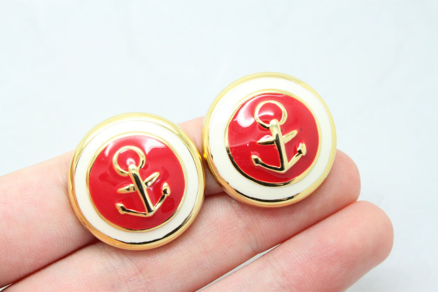 Stunning Vintage 1980s Red Enamel Gold Plated Anchor Stud Earrings
