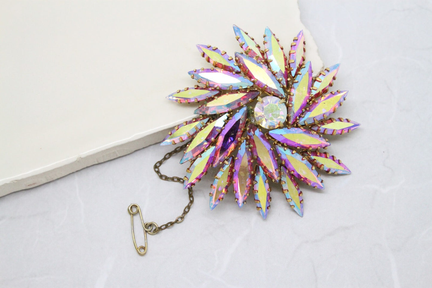 Vintage Aurora Borealis Pinwheel Flower Navette Rhinestone Brooch