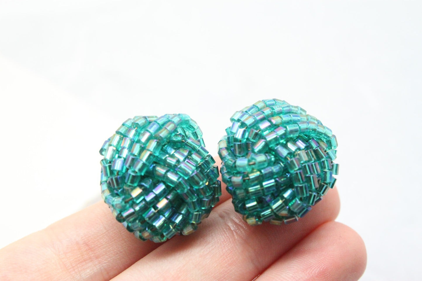 Vintage Teal Glass Bead Round Cluster Knot Clip On Earrings