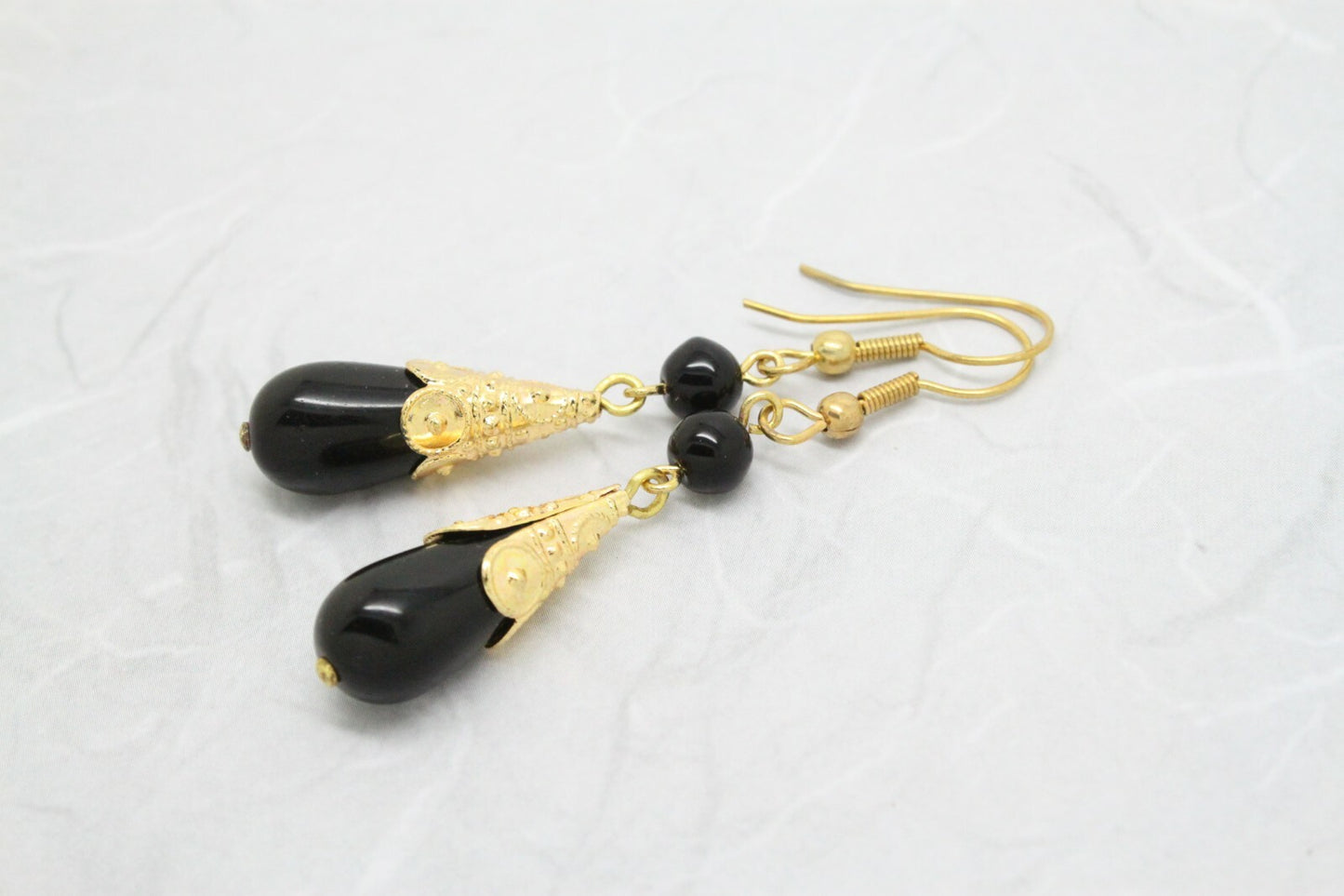 Stylish Vintage Deco Black Glass Gold Plated Drop Earrings