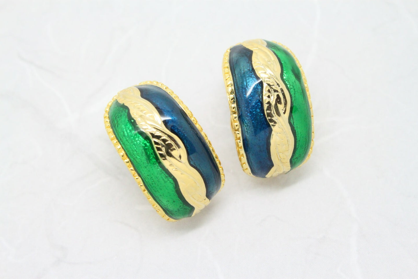 Statement Vintage 1980s Peacock Blue Green Enamel Half Hoop Clip On Earrings