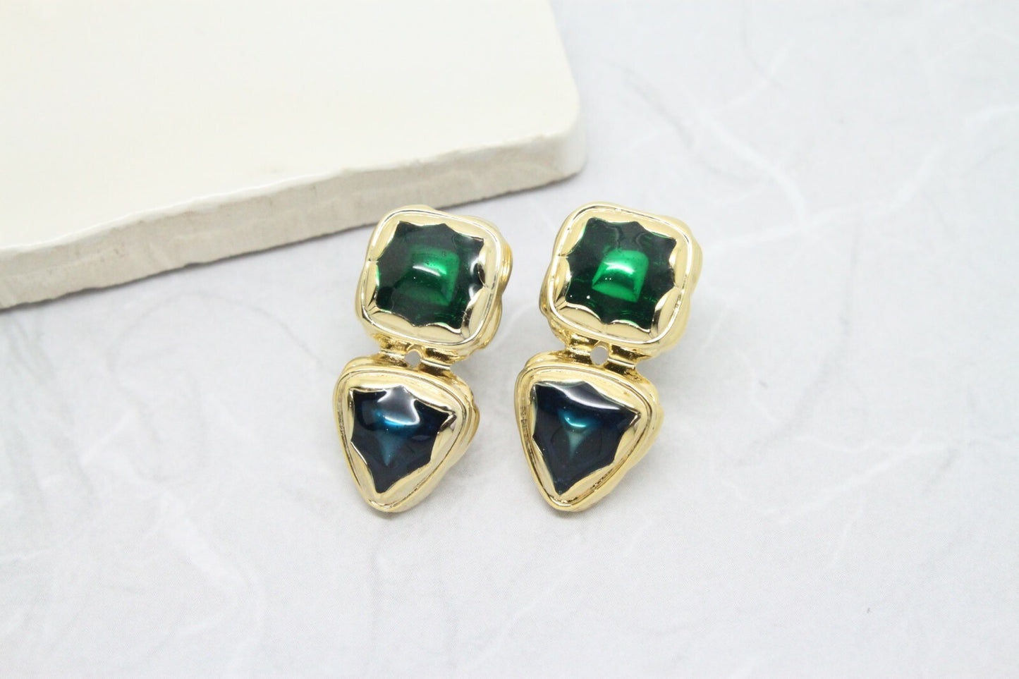 Vintage Jewel Green & Blue Enamel Gold Plated Drop Earrings