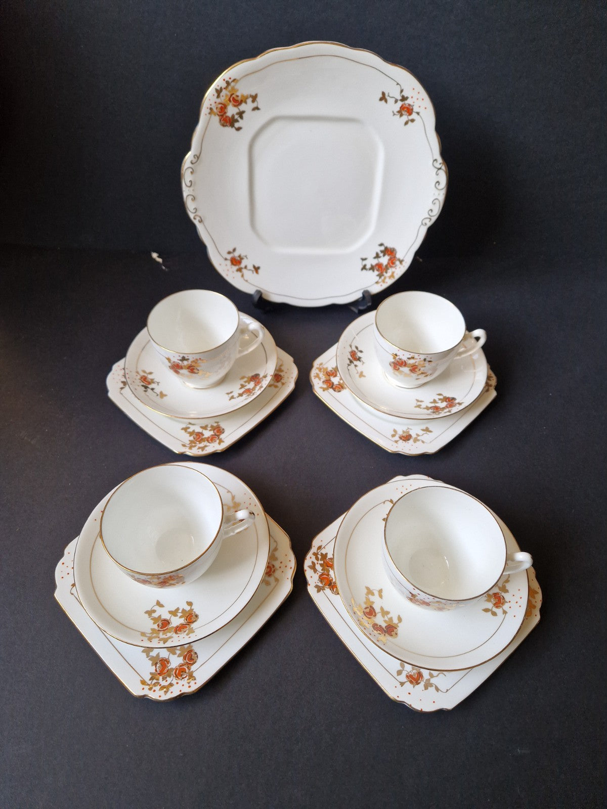 Vintage Art Deco Made In England x 4 Tea Cup Trio & Sandwich Plate Set