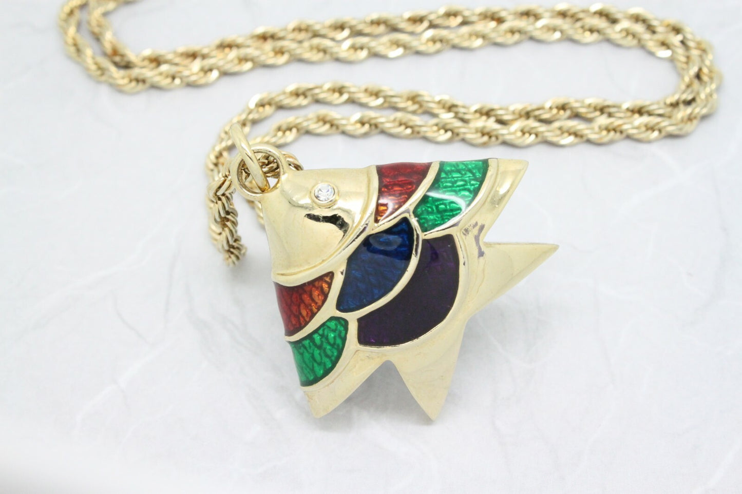 Vintage 1980s Abstract Angelfish Modernist Style Enamel Long Necklace