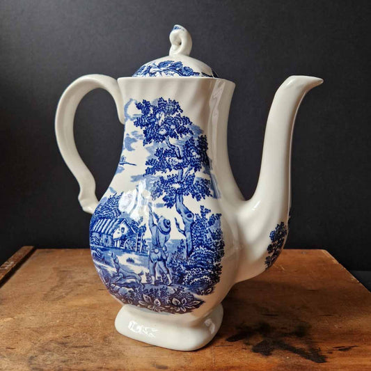 Vintage Blue and White Large Tea Coffee Pot Myott The Hunter