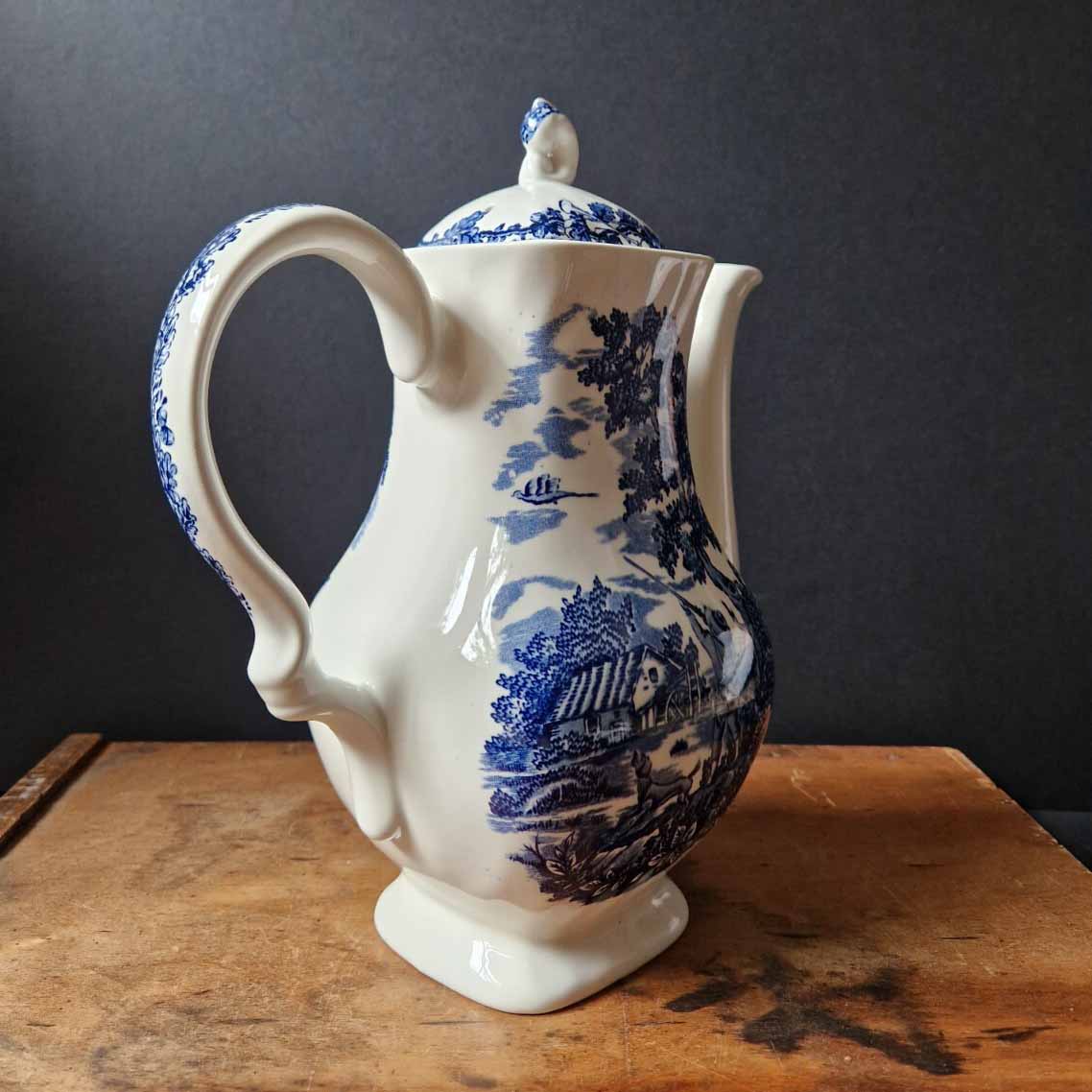 Vintage Blue and White Large Tea Coffee Pot Myott The Hunter