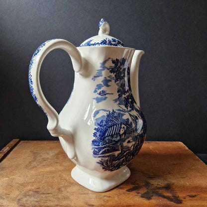 Vintage Blue and White Large Tea Coffee Pot Myott The Hunter