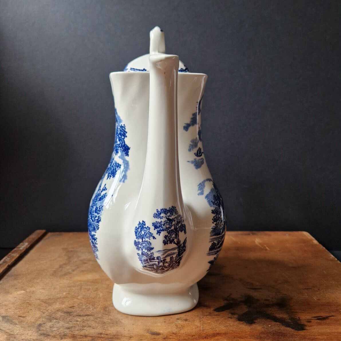 Vintage Blue and White Large Tea Coffee Pot Myott The Hunter