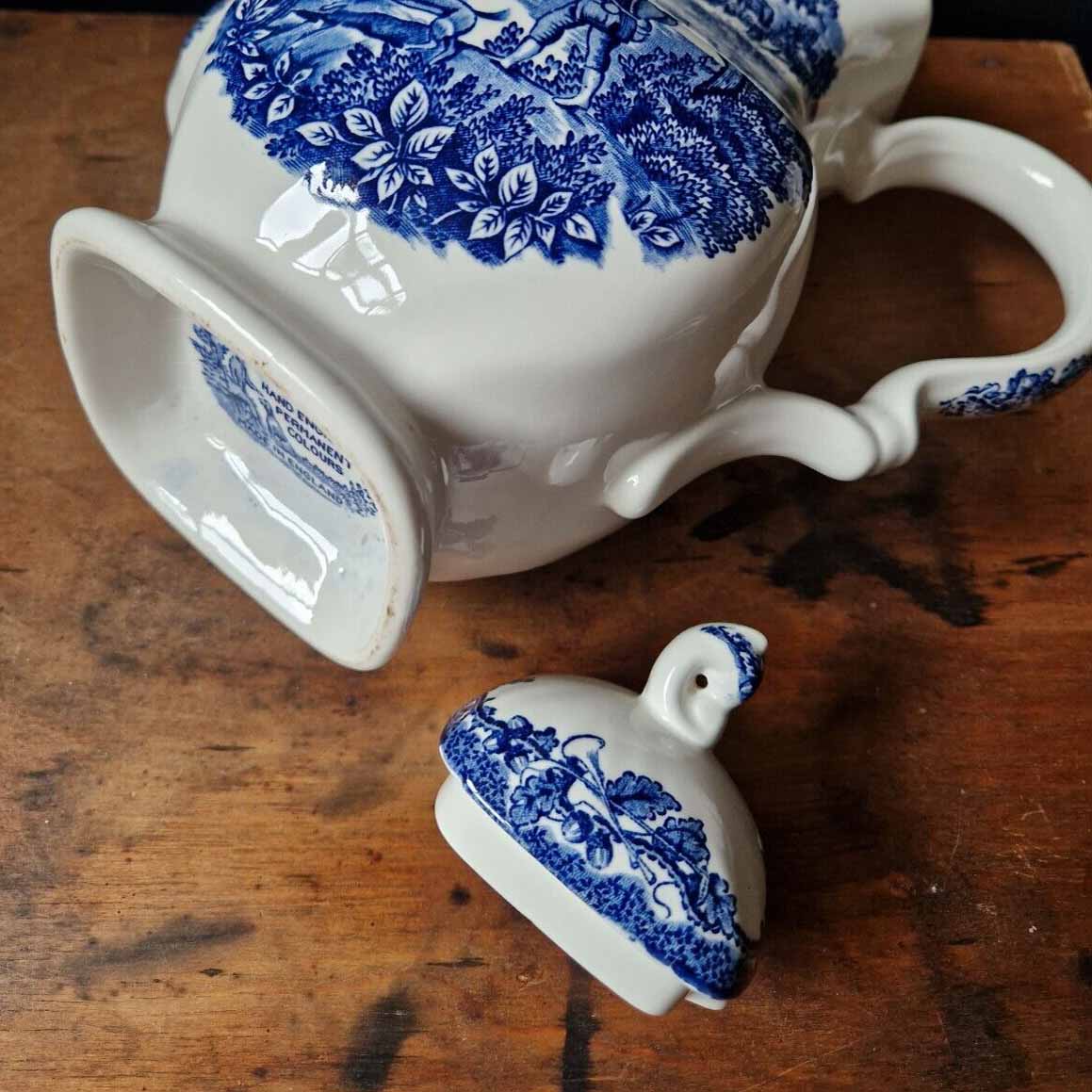 Vintage Blue and White Large Tea Coffee Pot Myott The Hunter