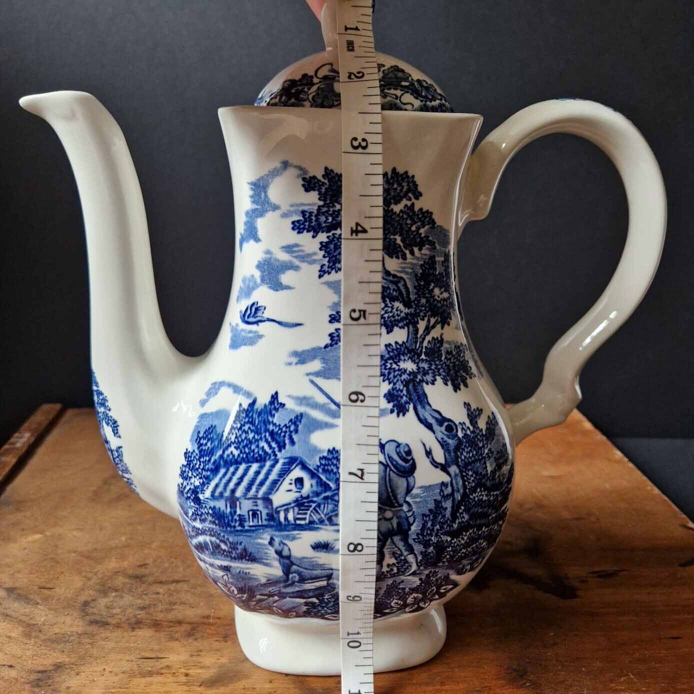 Vintage Blue and White Large Tea Coffee Pot Myott The Hunter