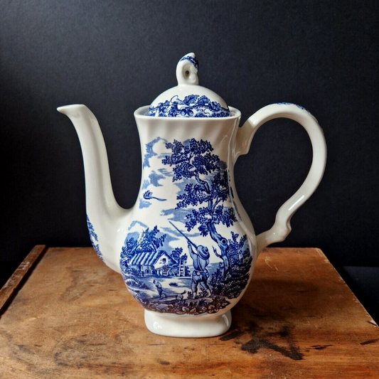 Vintage Blue and White Large Tea Coffee Pot Myott The Hunter