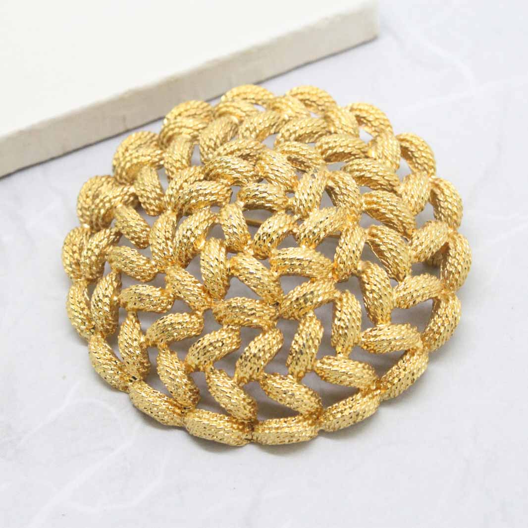 Vintage Signed Monet Large Circle Basketweave Gold Brooch
