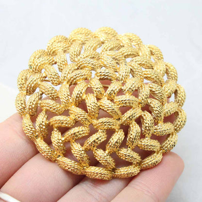 Vintage Signed Monet Large Circle Basketweave Gold Brooch