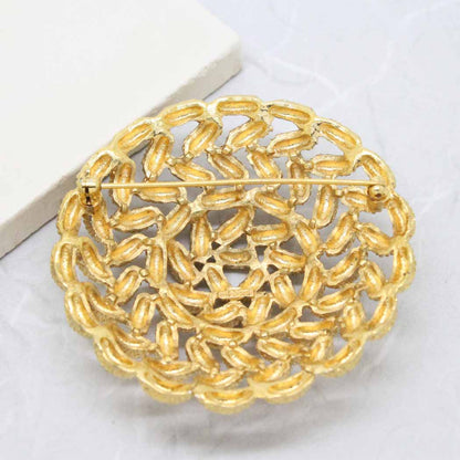 Vintage Signed Monet Large Circle Basketweave Gold Brooch
