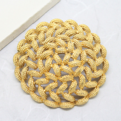 Vintage Signed Monet Large Circle Basketweave Gold Brooch