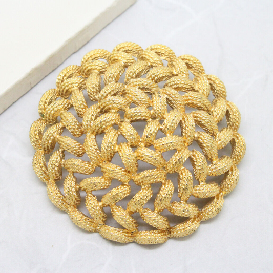 Vintage Signed Monet Large Circle Basketweave Gold Brooch