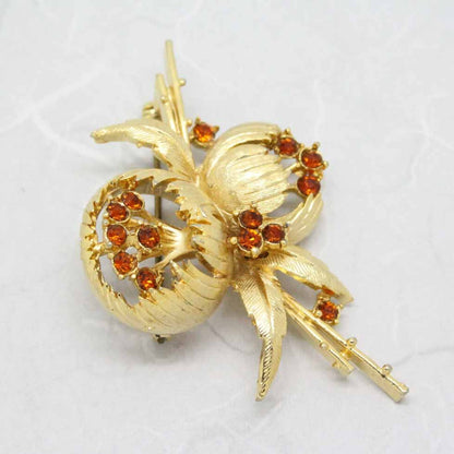 Vintage Signed Exquisite Floral Autumn Rhinestone Gold-tone Brooch