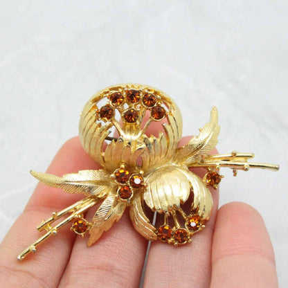 Vintage Signed Exquisite Floral Autumn Rhinestone Gold-tone Brooch