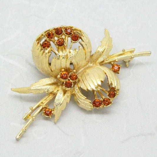 Vintage Signed Exquisite Floral Autumn Rhinestone Gold-tone Brooch