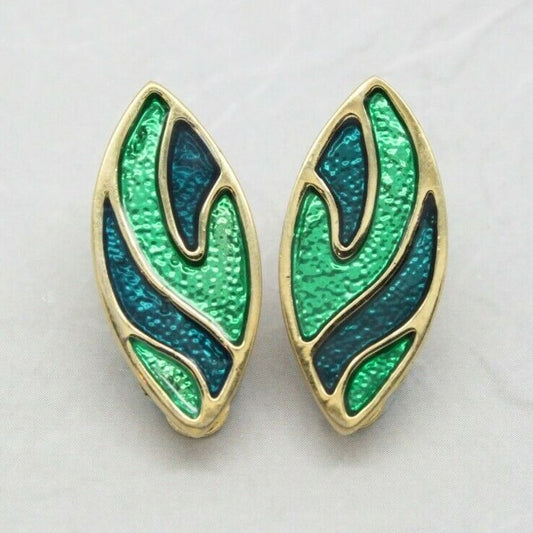 Vintage 1980s Peacock Blue & Green Enamel Gold Plated Clip On Earrings
