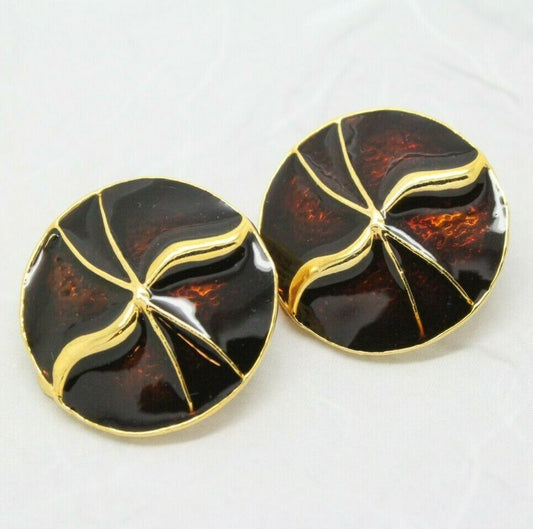 Stylish Vintage 1980s Brown Enamel Gold Plated Pinwheel Round Earrings