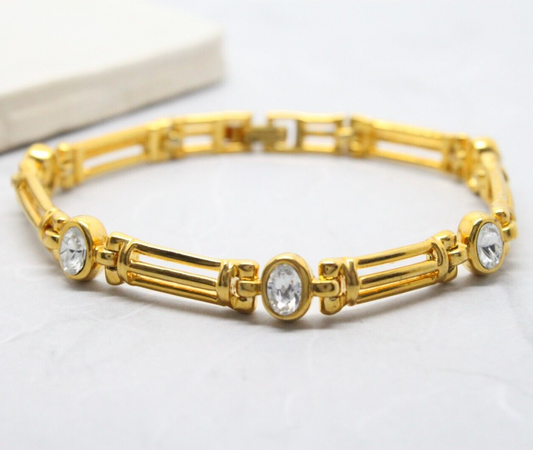 Vintage 1980s Crystal Yellow Gold Plated Gate Link Watch Band Bracelet