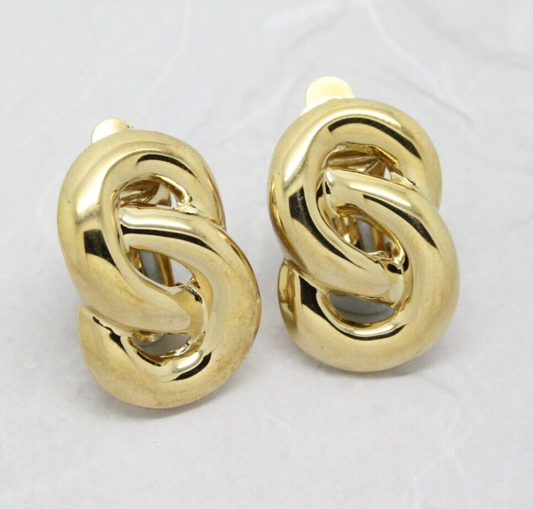 Stylish Vintage 1980s Gold Plated Double Knot Link Clip On Earrings